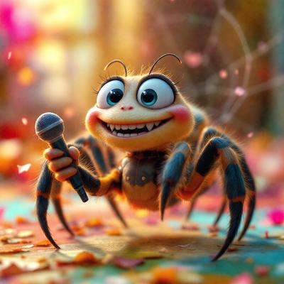 The primary subject of the image is a cartoon spider holding a microphone. The setting is a colorful and vibrant environment, with a backdrop of pink flowers. The visual style is a digital art or illustration, creating a whimsical and playful atmosphere. The dominant colors are pink, orange, and yellow, which contribute to the cheerful and lively mood of the scene.